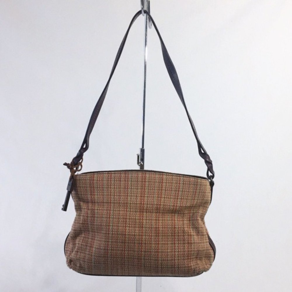 Vintage Fossil Shoulder Bag Wooden Key Leather